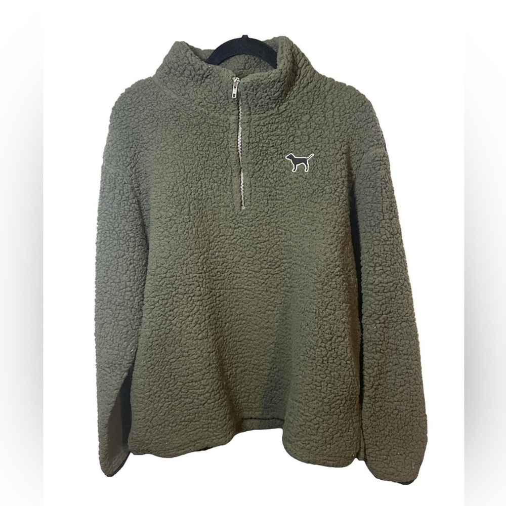 VICTORIA’S SECRET PINK Size L Olive Green Sherpa 1/4 Zip Sweater